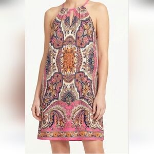 Haani Pink Paisley Halter Shift Dress with Orange Accents